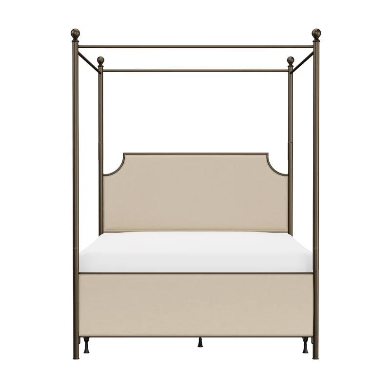 Elegant Linen Stone Queen Canopy Bed with Bronze Metal Frame