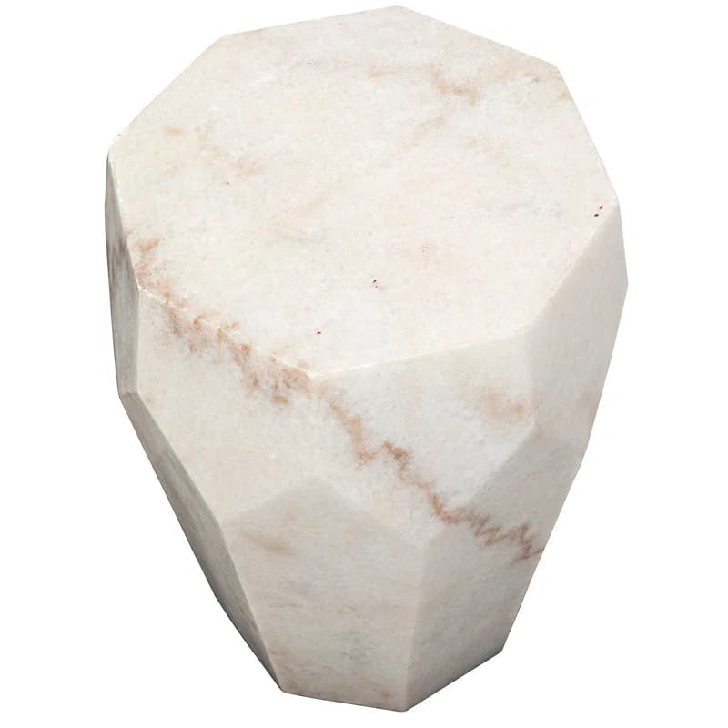 Monolith Faceted White Stone and Wood Drum Side Table