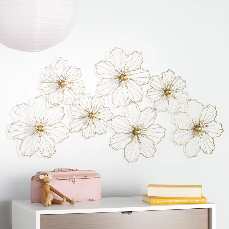 Gold Foiled Wire Floral Asymmetrical Metal Wall Sculpture 43"x21"