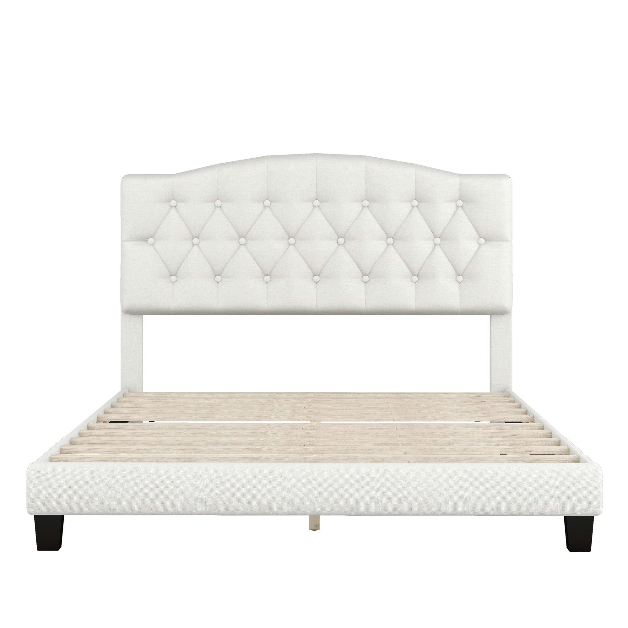 Elegant Beige Queen Upholstered Platform Bed with Tufted Headboard