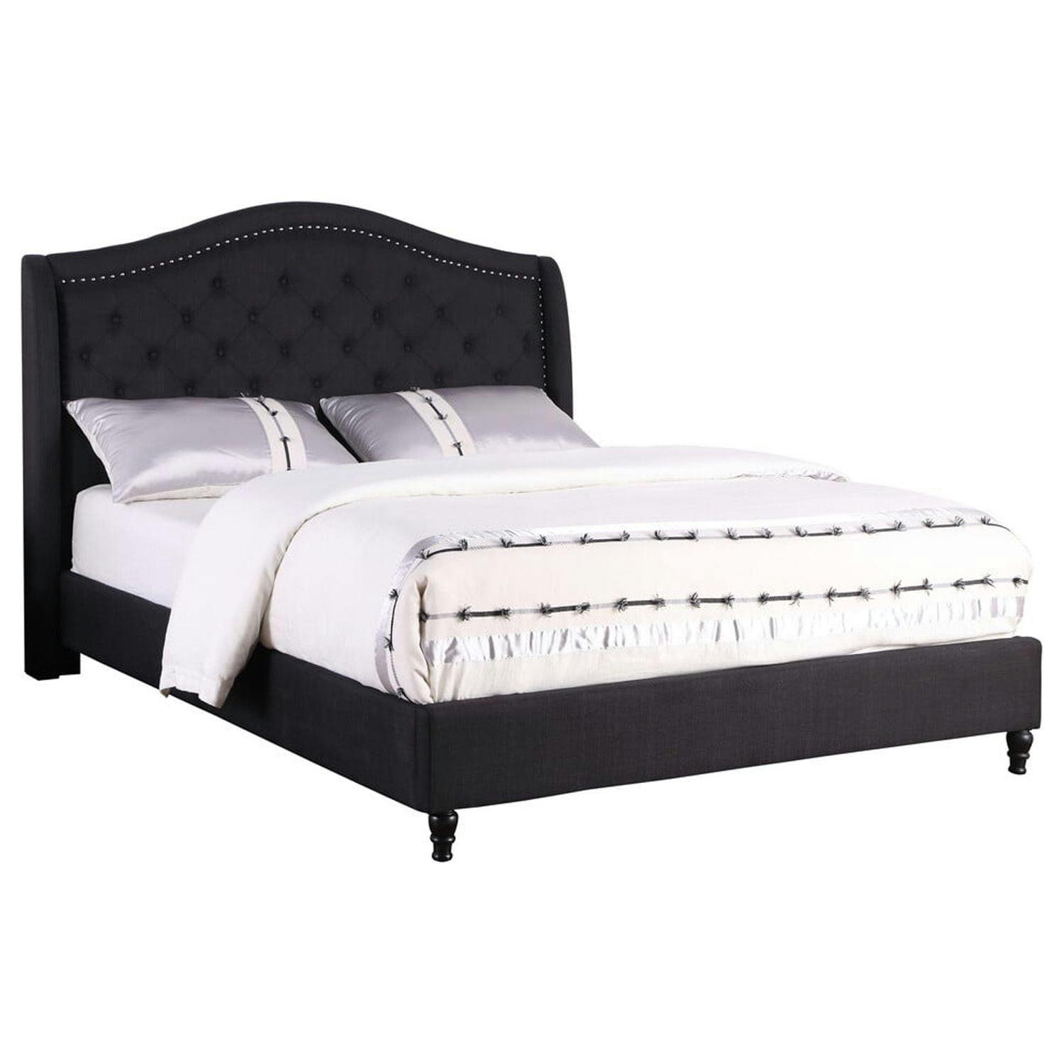 Luxurious King-Sized Black Pine Wood Tufted Upholstered Bed with Nailhead Trim