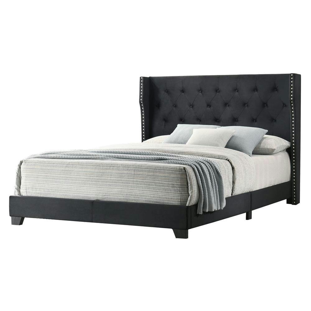 Luxurious Black Velvet King Panel Bed with Silver Nailhead Trim