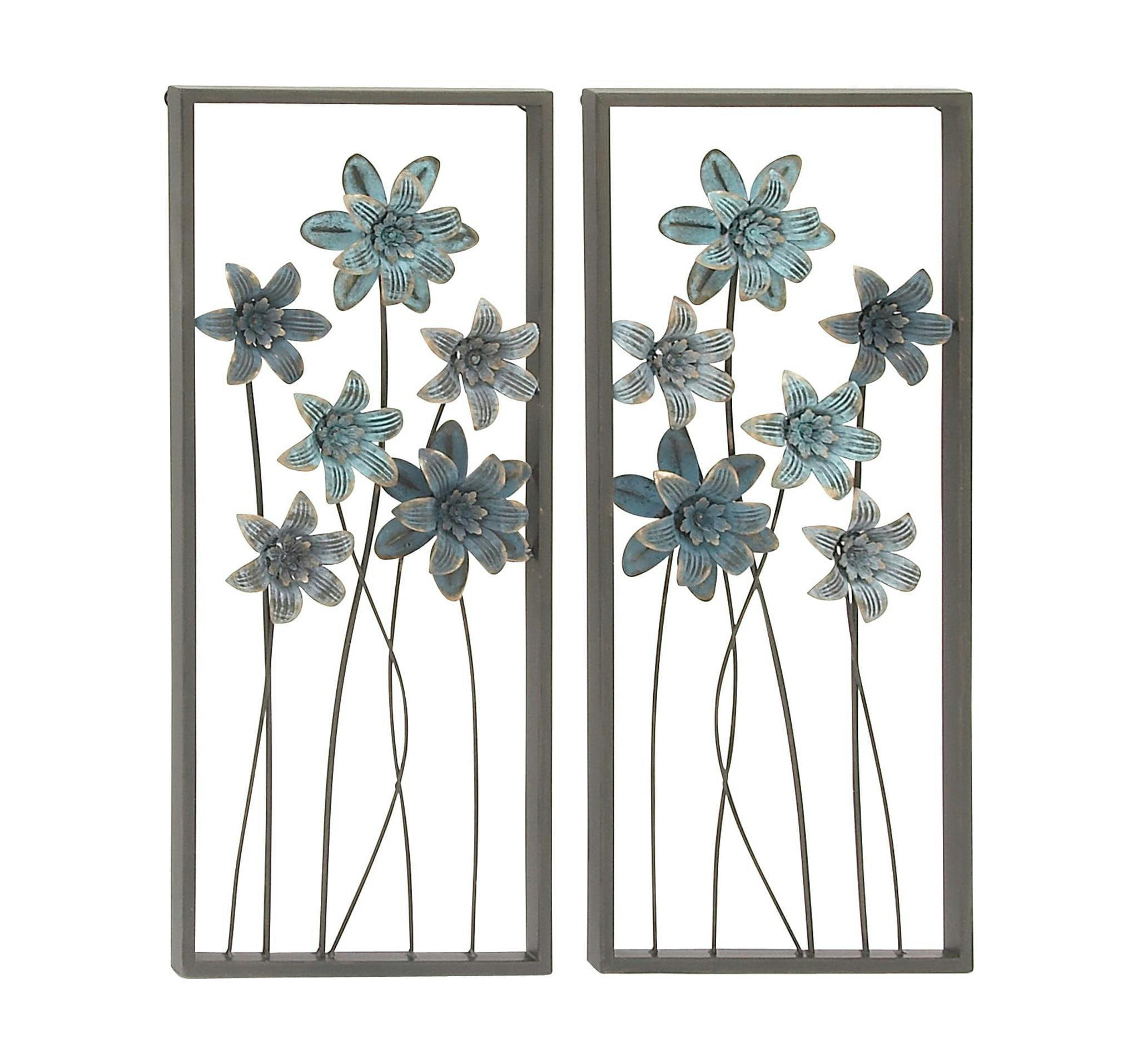 Elegant Gray and Blue Floral Metal Wall Sculptures (Set of 2)