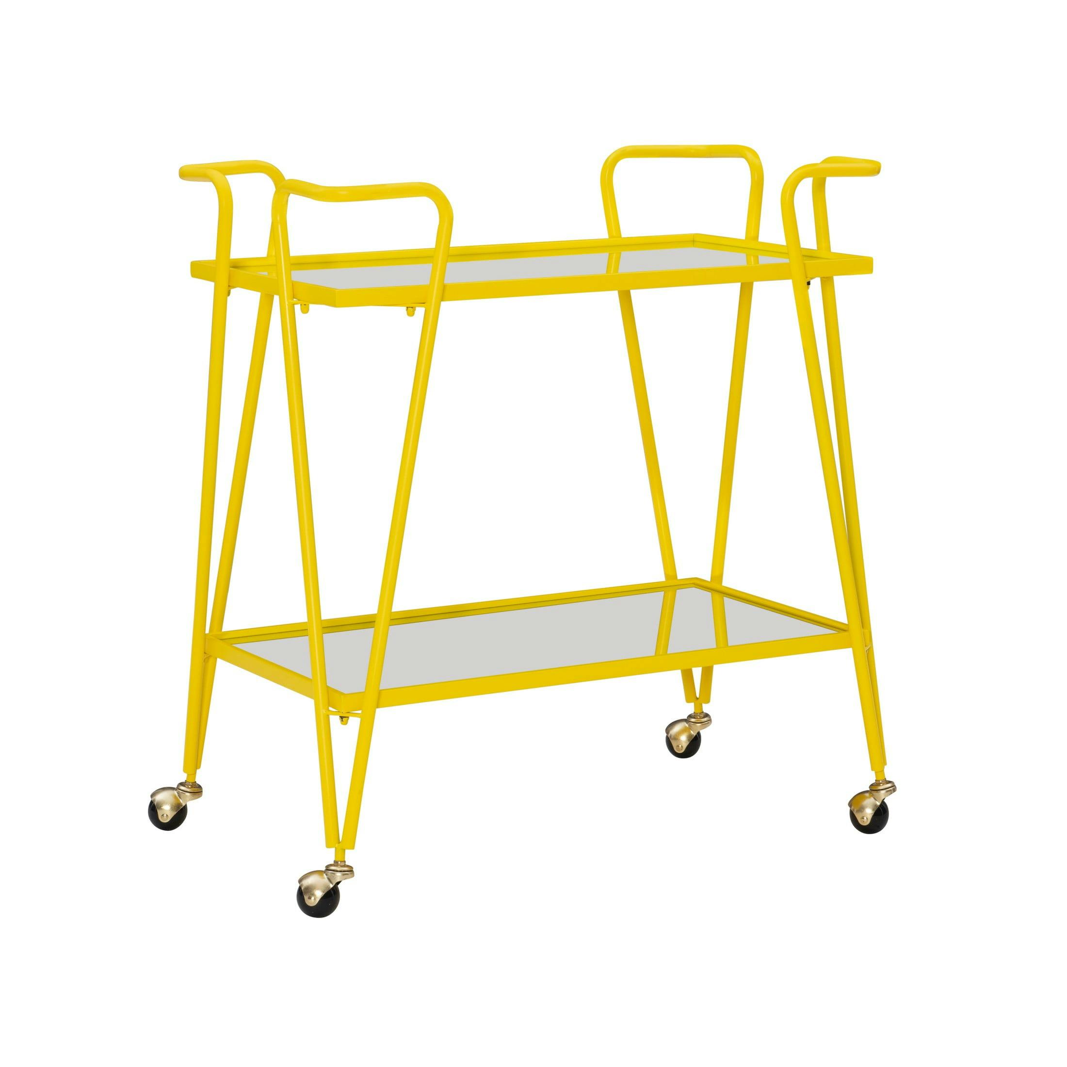Bright Yellow Mid-Century Mirrored 2-Tier Mobile Bar Cart