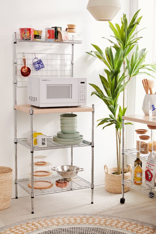 Adjustable Gray Steel Kitchen Rack with Wire Grid Shelves