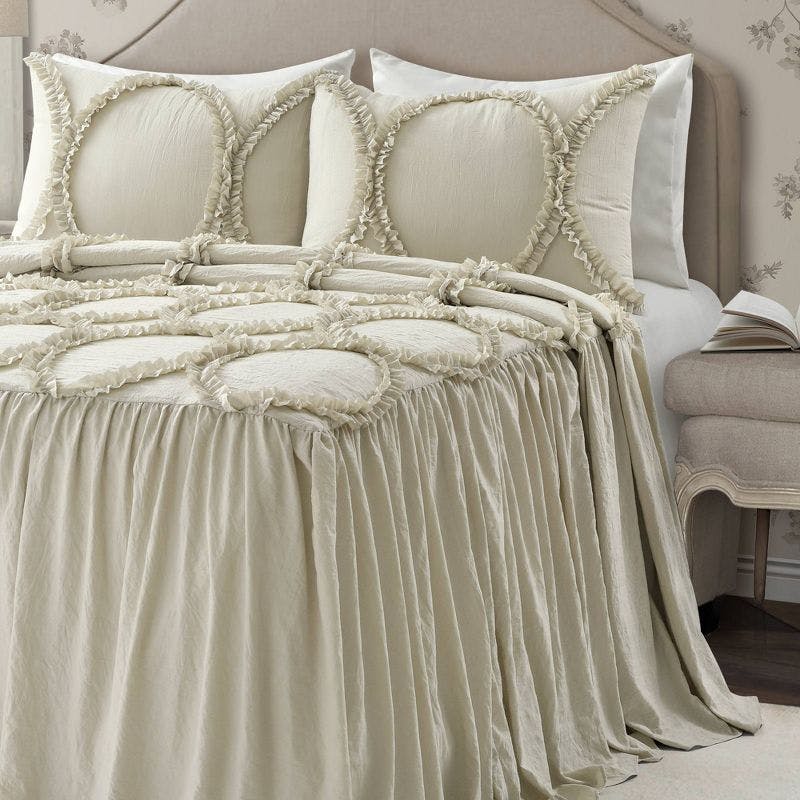 Elegant Neutral King Bedspread Set with Ruffled Ribbon Embroidery