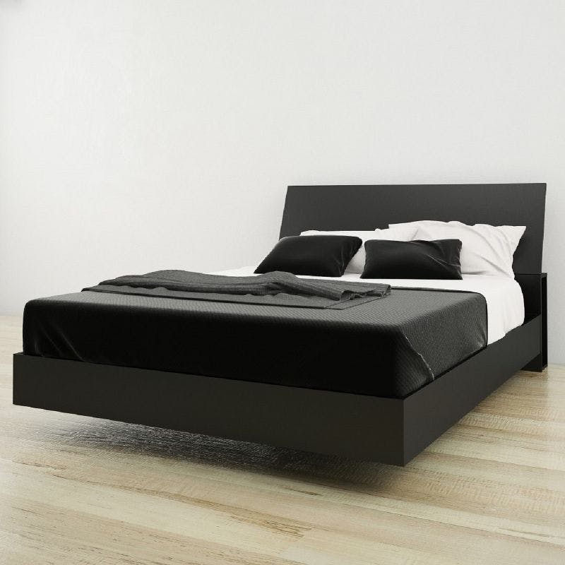 Serenity Queen Size Floating Black Wood Platform Bed with Storage