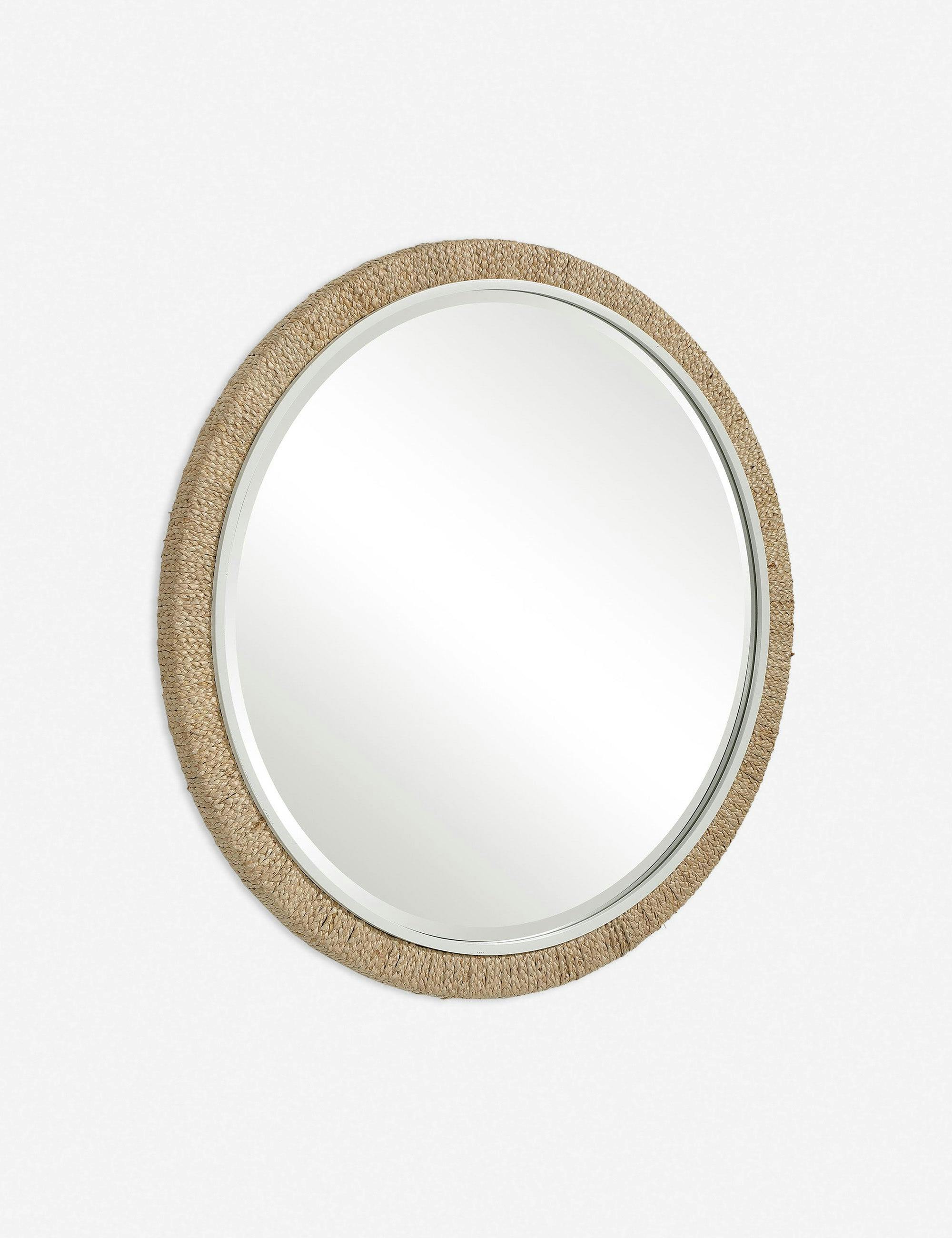 Coastal Charm 40" Round Beveled Mirror with White and Brown Banana Leaf Frame