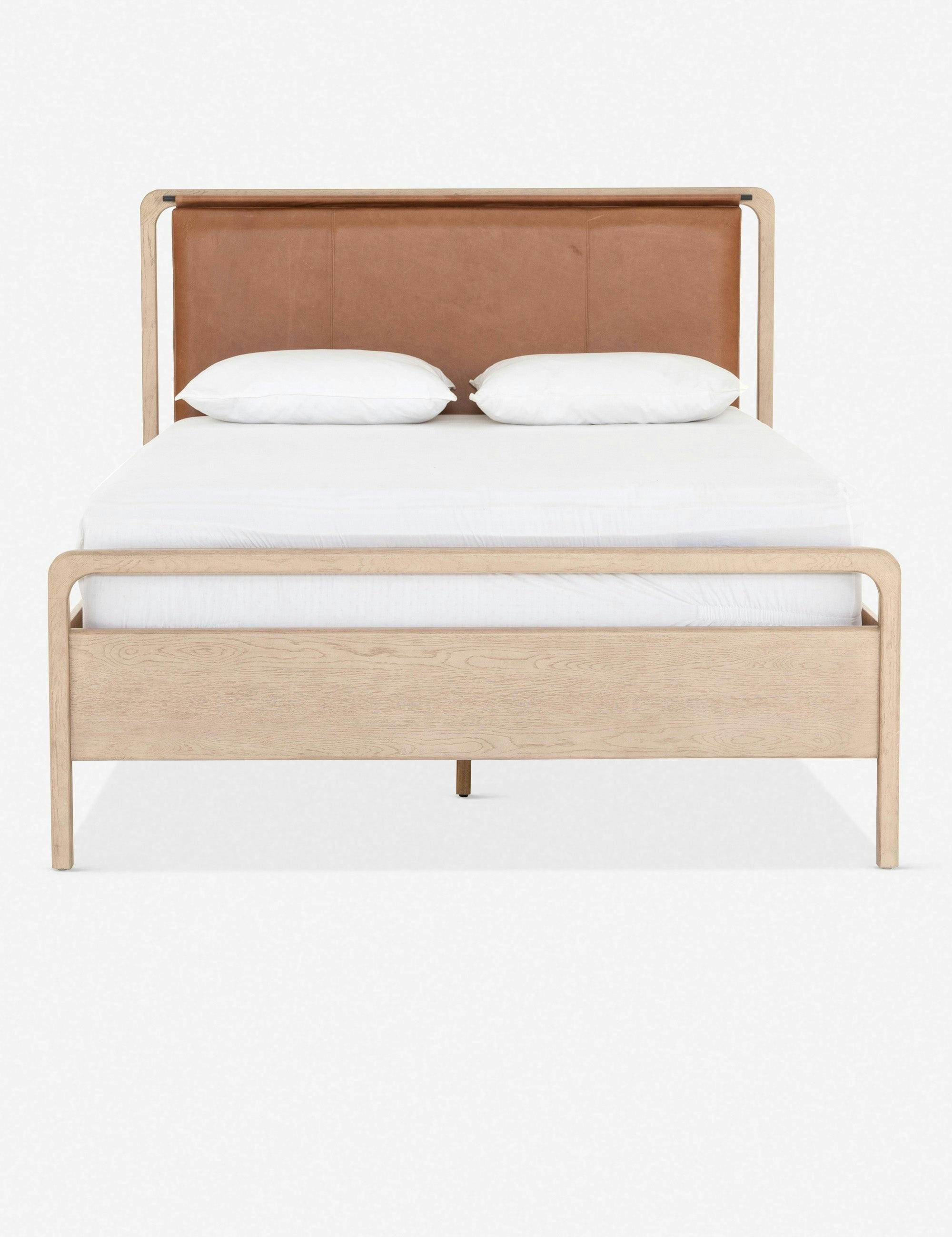 Modern Washed Oak King Bed with Tan Leather Headboard