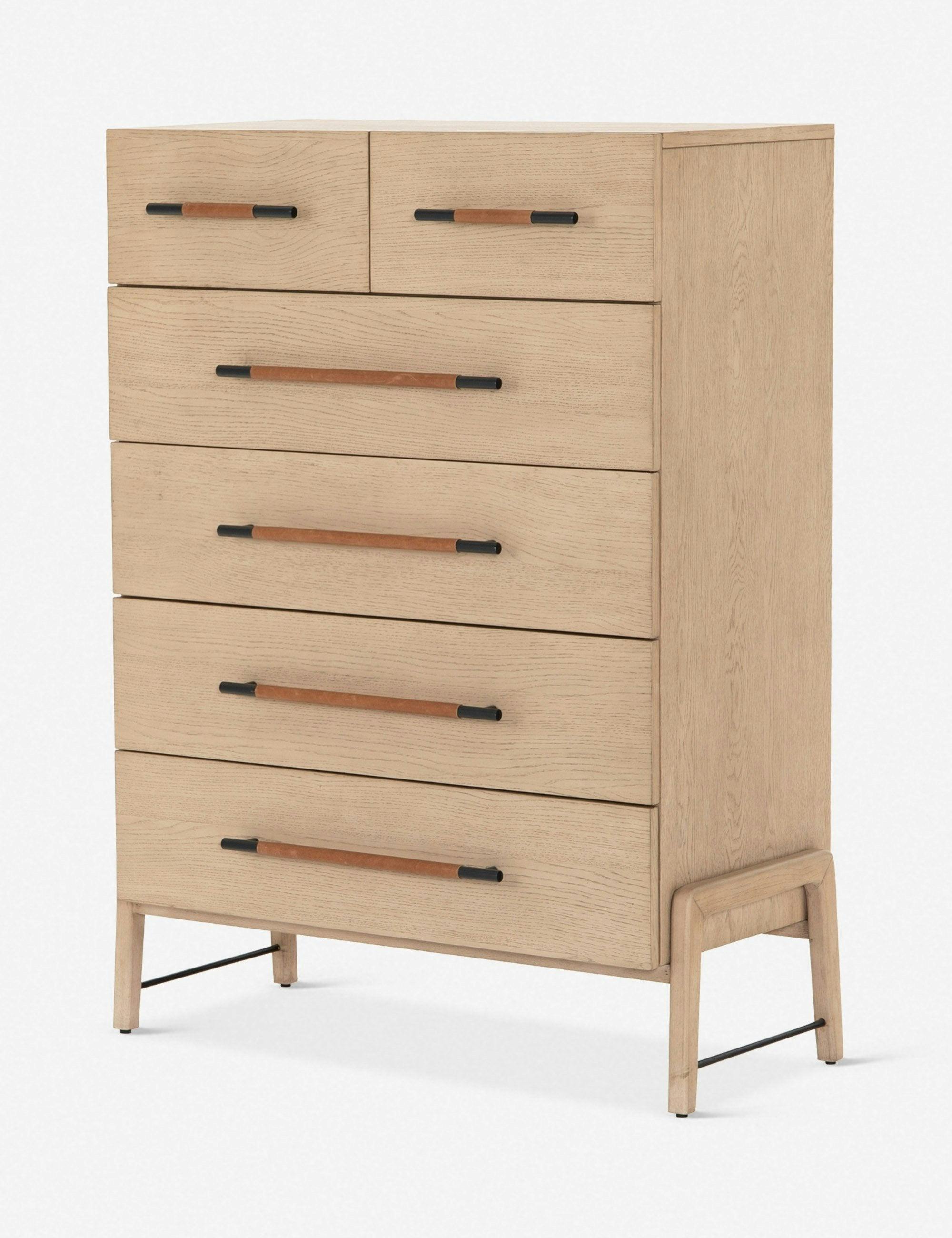Contemporary 36.5'' Oak and Leather 6-Drawer Tall Dresser in Brown