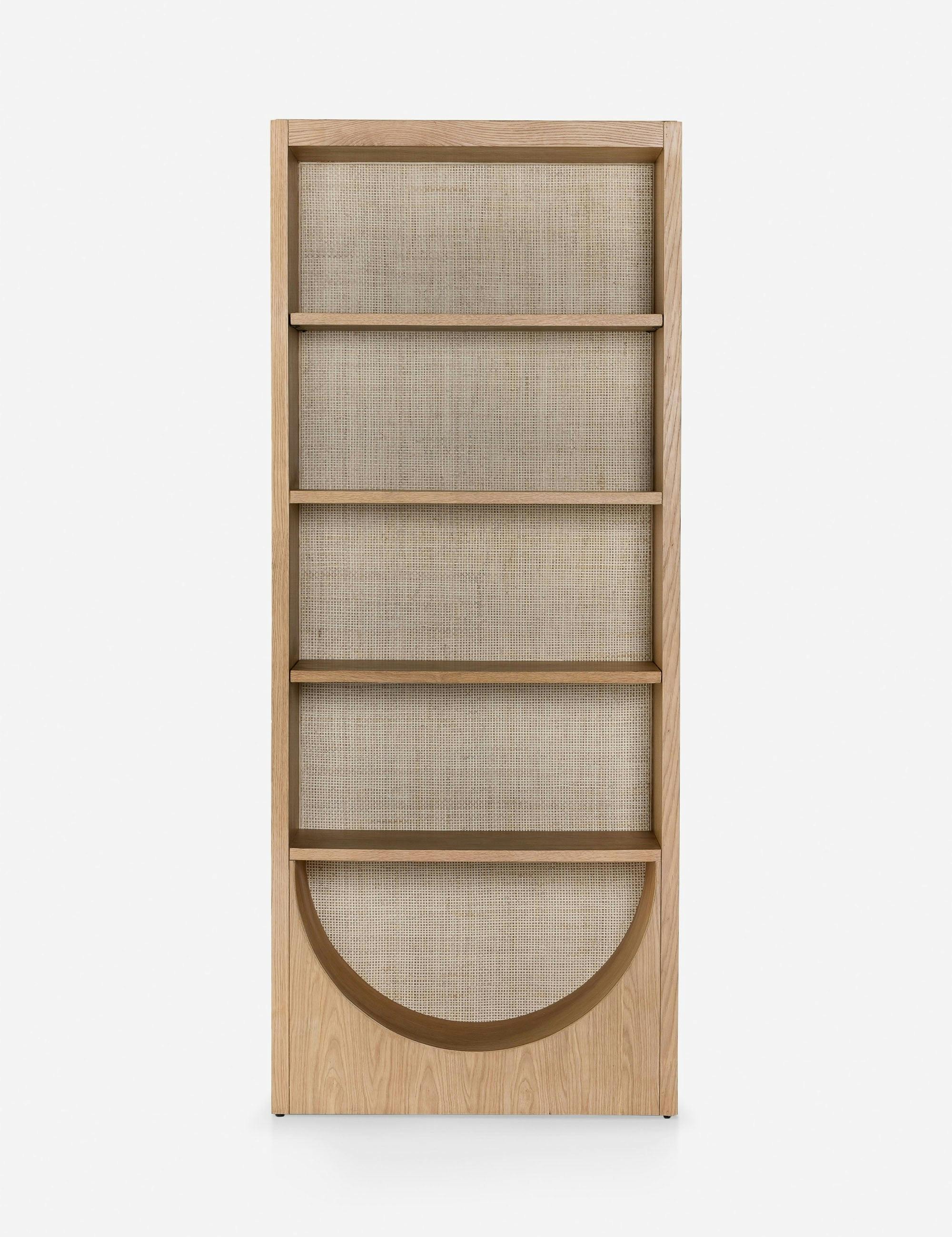 Honey Oak Veneer Adjustable Bookcase with Handwoven Cane Paneling