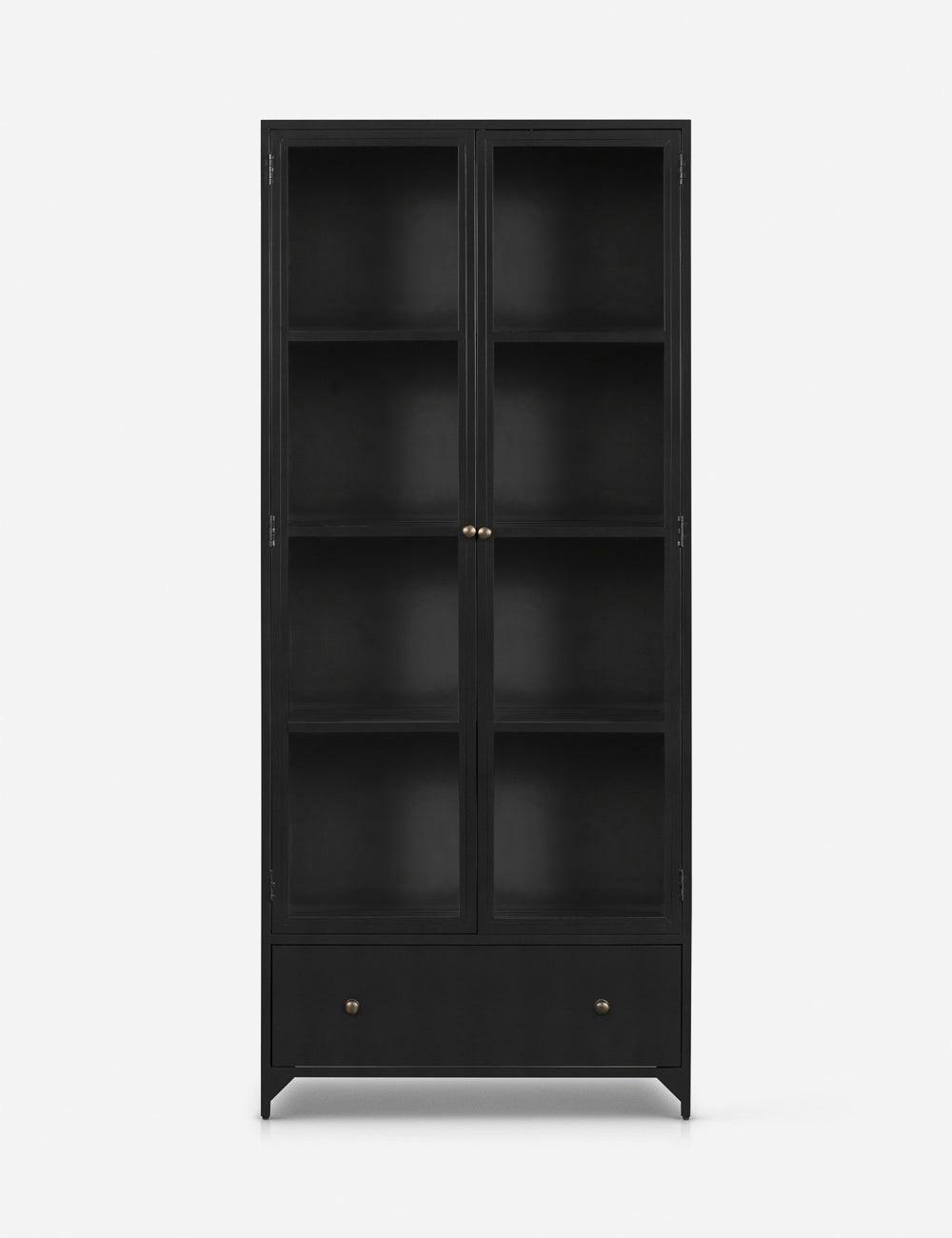 Elegant Black Iron Curio Cabinet with Glass Doors and Brass Knobs
