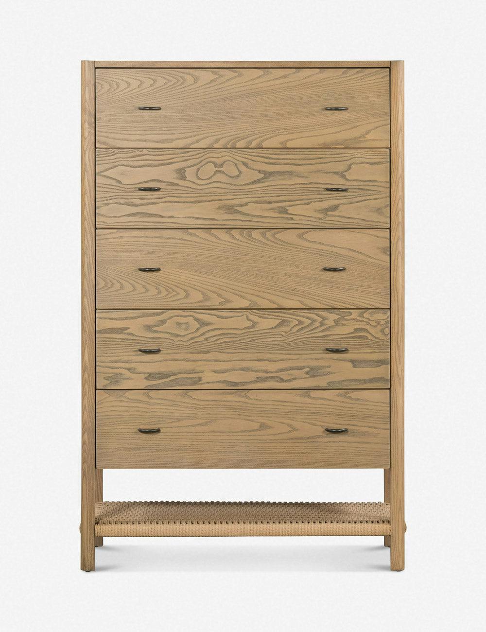 Mid-Century Ash Wood 5-Drawer Dresser with Iron Pulls - Brown