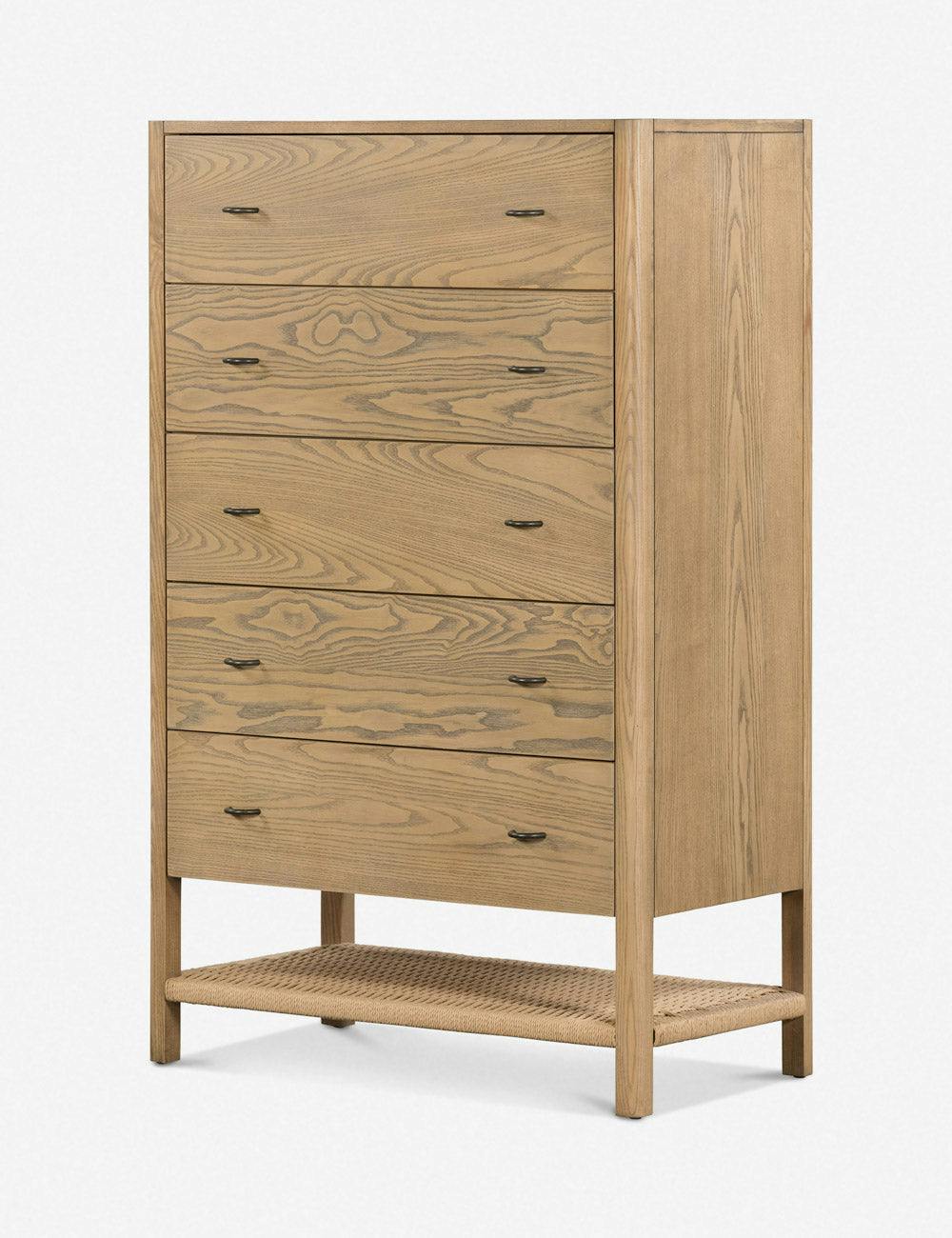 Mid-Century Ash Wood 5-Drawer Dresser with Iron Pulls - Brown