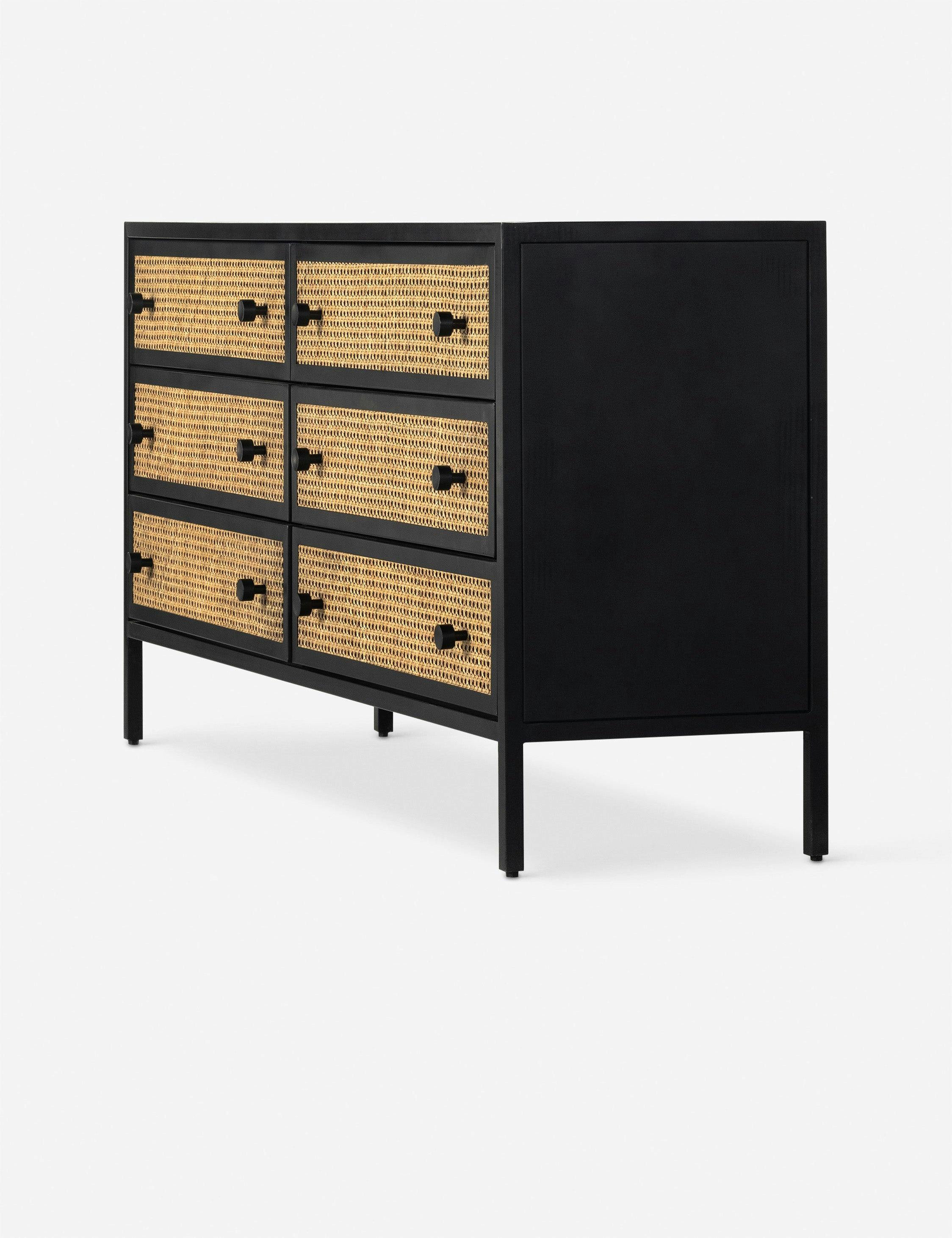 Modern Black Iron and Natural Cane 70'' 6-Drawer Dresser