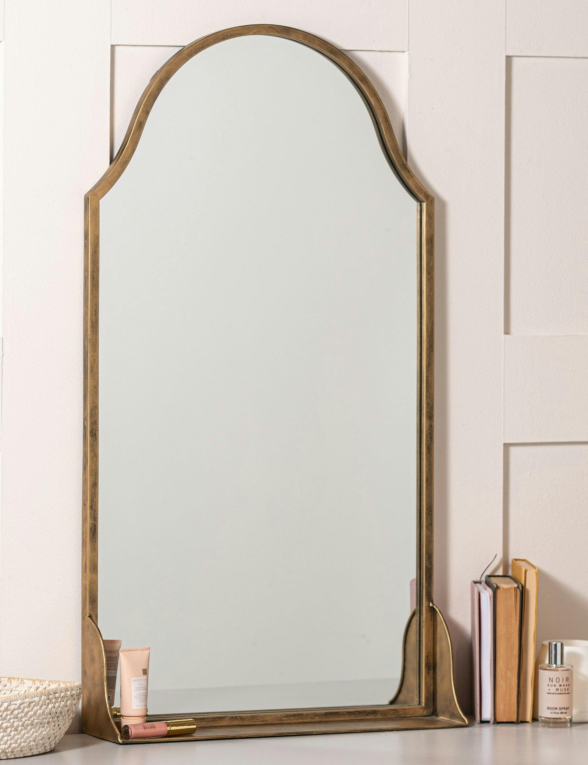 Arched Antique Bronze Wall Mirror with Built-In Wood Shelf