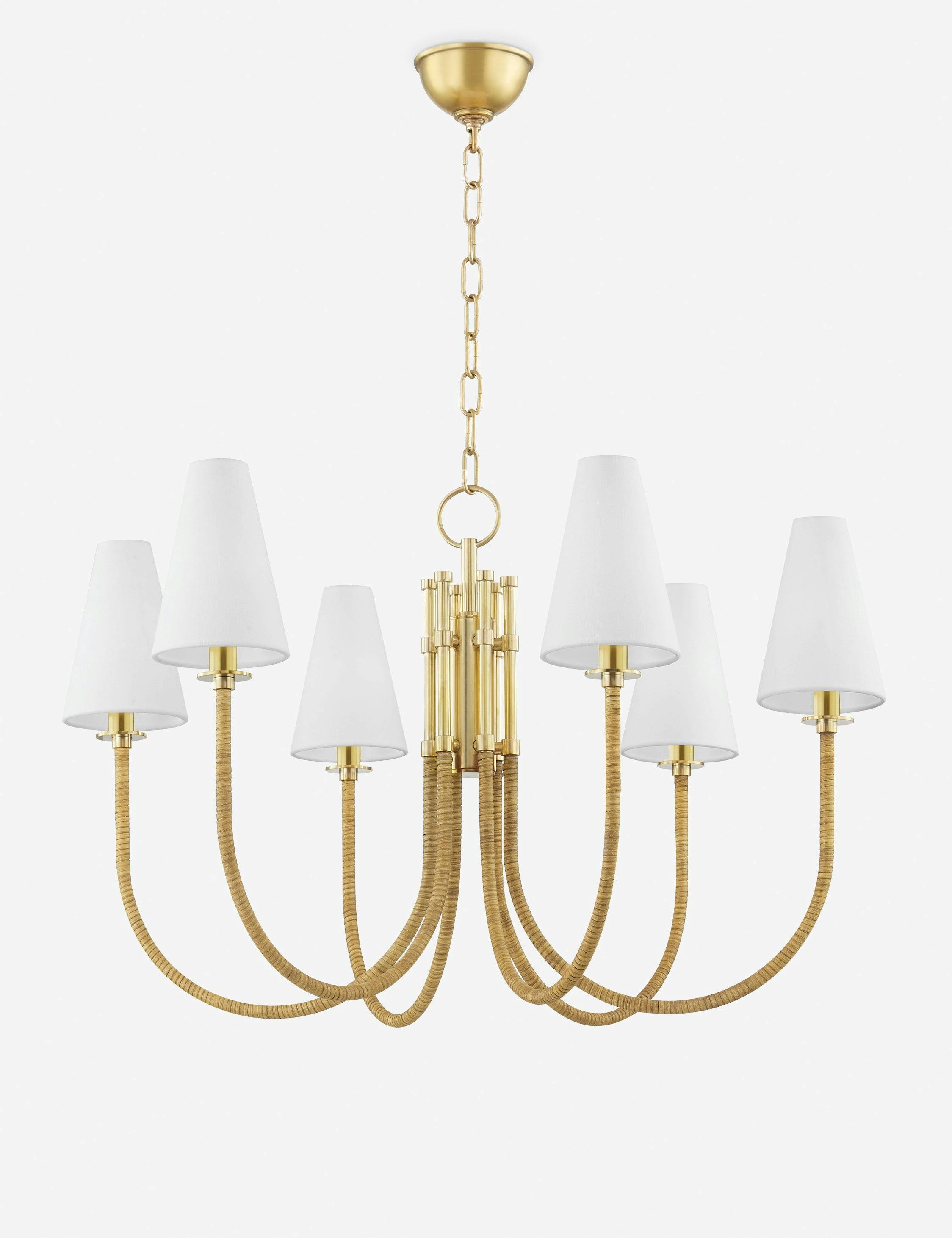 Ripley Aged Brass 6-Light Chandelier with White Belgian Linen Shades