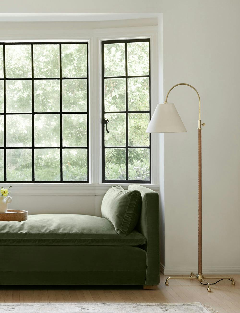 Curves No.1 Aged Brass Arc Floor Lamp with Off-White Linen Shade
