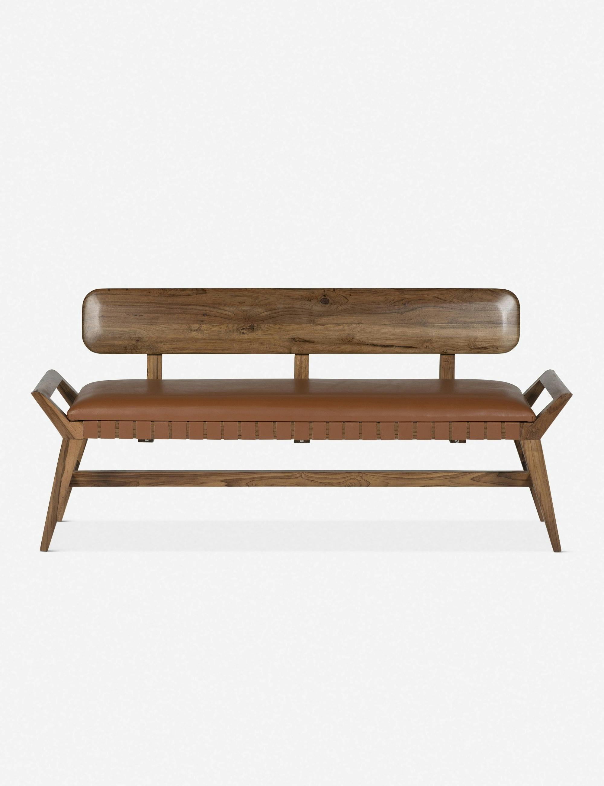 Mid-Century Teak and Genuine Leather 3-Seater Bench