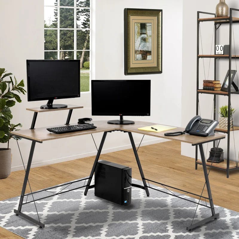 Sewn Oak Laminate and Black Steel L-Shape Home Office Desk