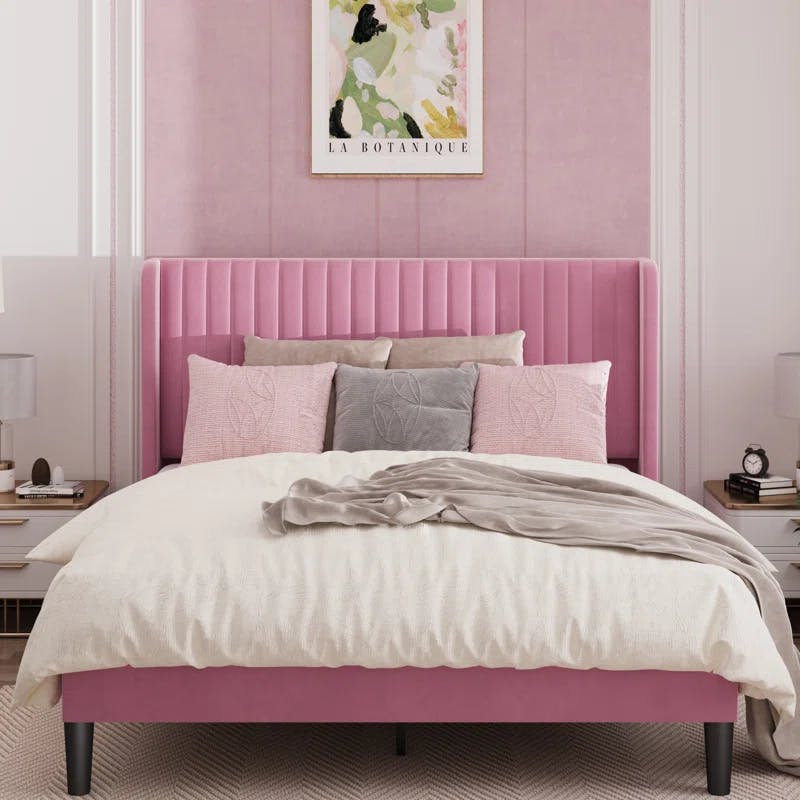 Elegant Pink Velvet Queen Bed with Tufted Wingback Headboard