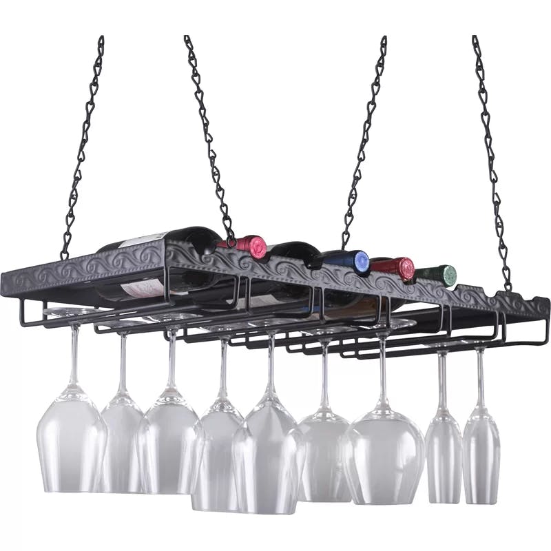 Modern 8-Bottle Black Metal Ceiling Hanging Wine & Glass Rack