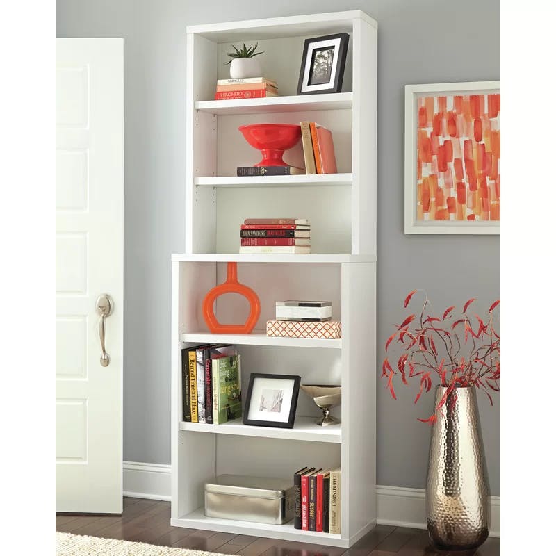 Elegant White 6-Tier Hutch Bookcase with Adjustable Shelves