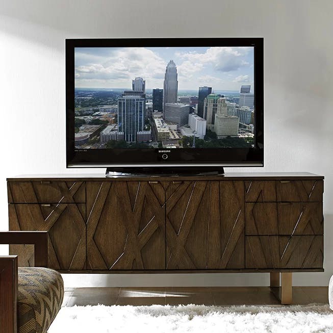 Transitional White Oak Media Center with Asymmetrical Wooden Overlays