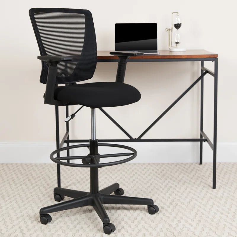 ErgoFlex Mid-Back Mesh Drafting Chair with Adjustable Arms and Black Fabric Seat