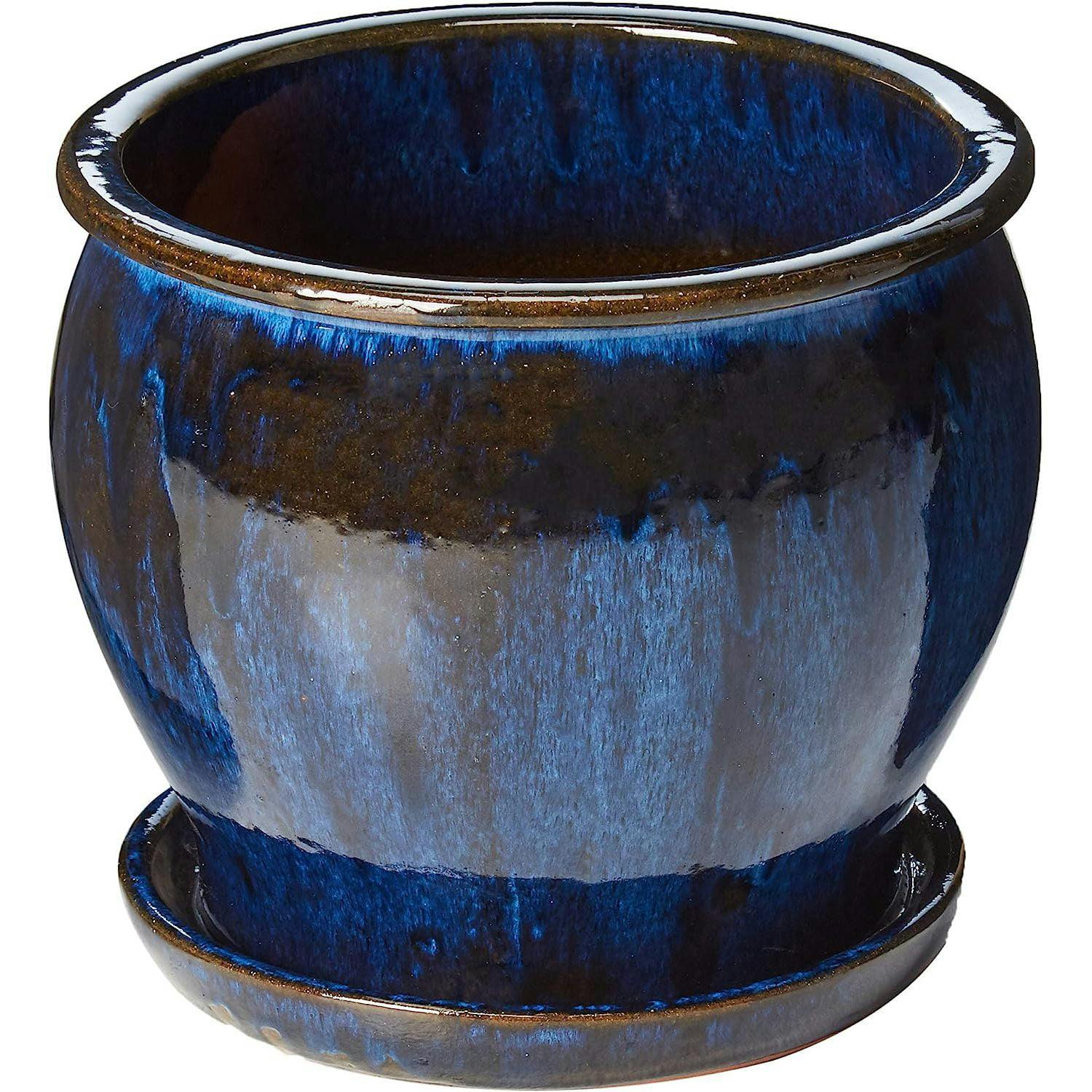 Modern Drip Blue 11" Glazed Ceramic Studio Planter with Saucer