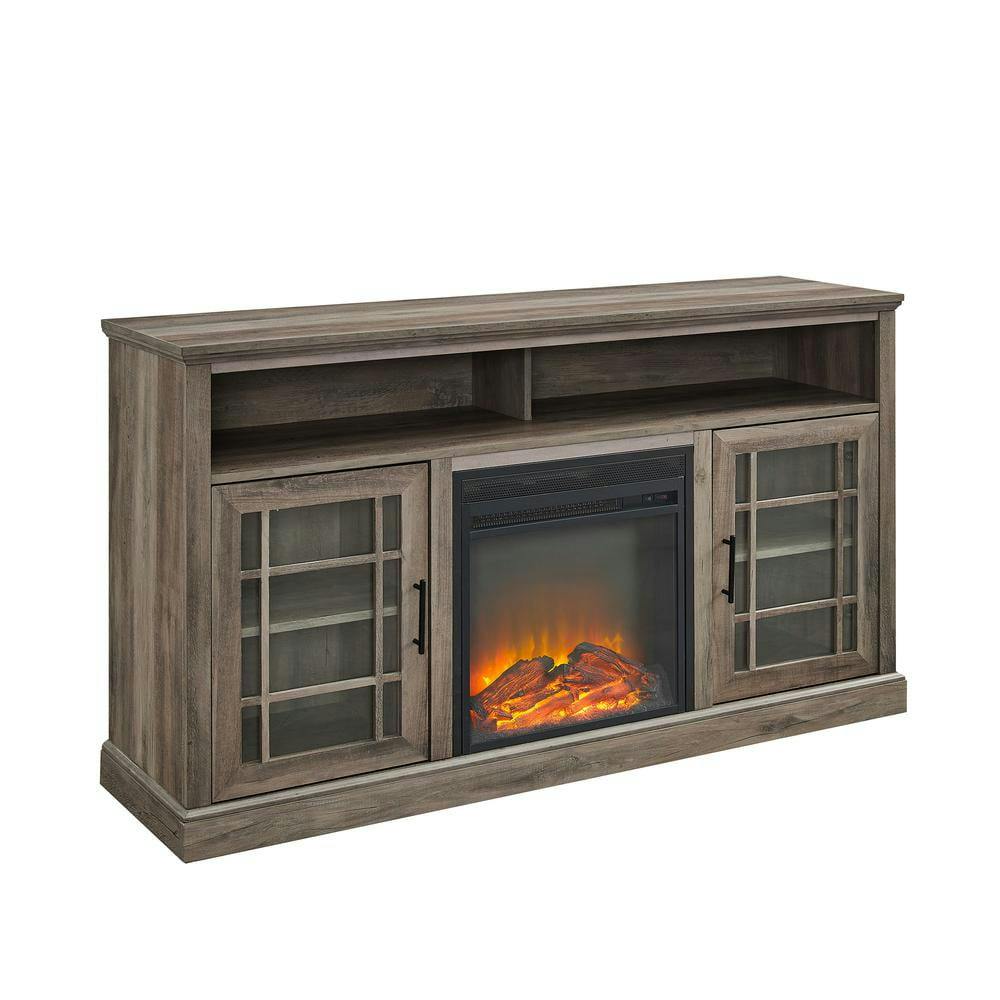 Hazel 58" Grey Wash Classic Fireplace TV Stand with Glass Doors
