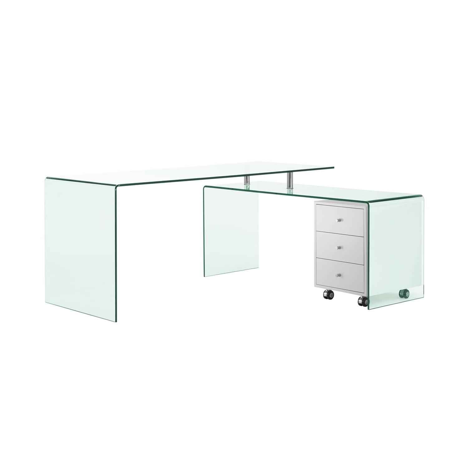 Contemporary White Glass L-Shaped Home Office Desk with Drawers