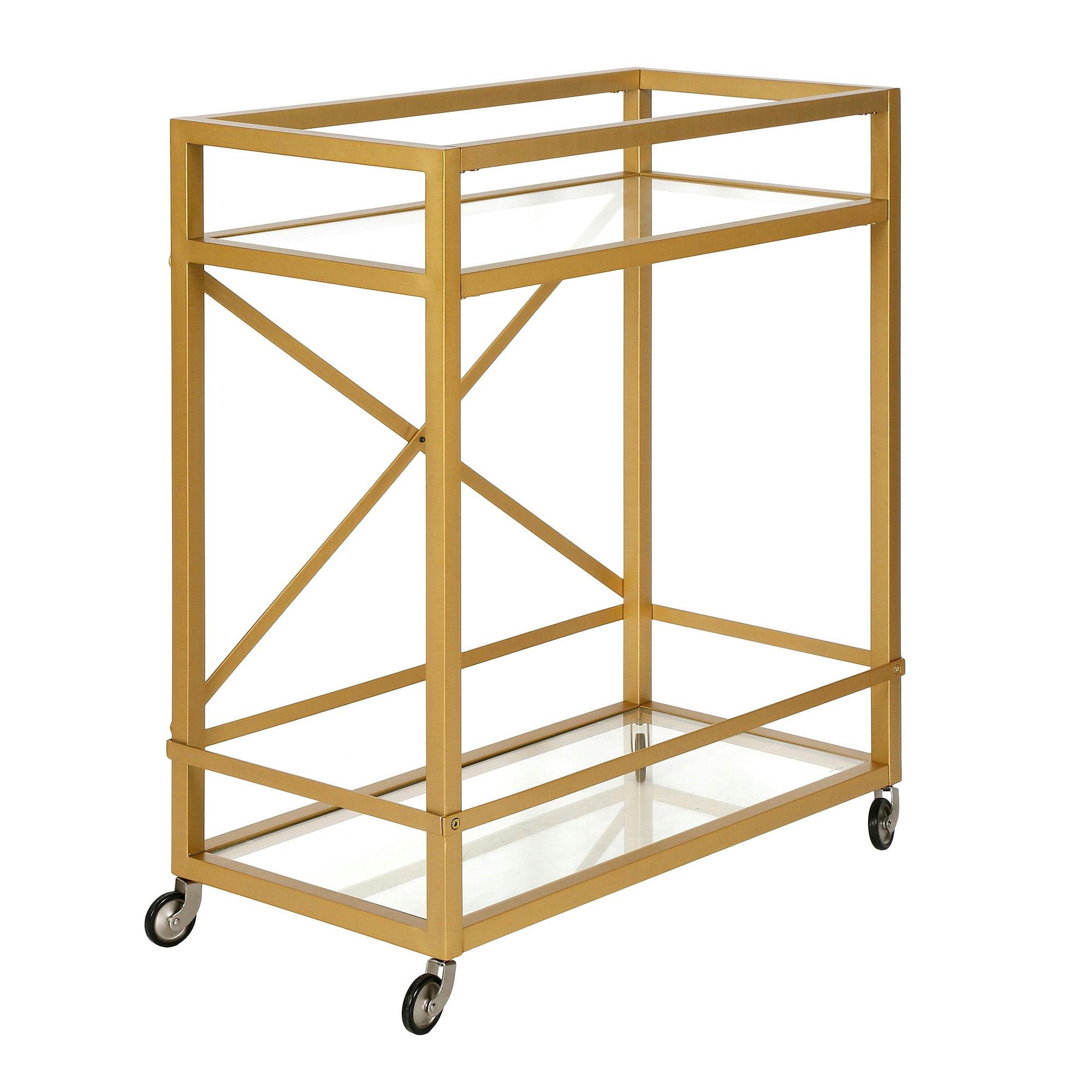 Modern Gold Metal 2-Tier Bar Cart with Glass Shelves and Storage