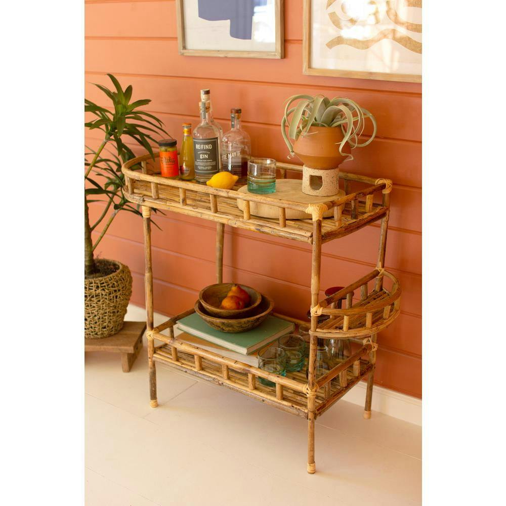 Transitional Cane Bar Cart with Storage in Brown