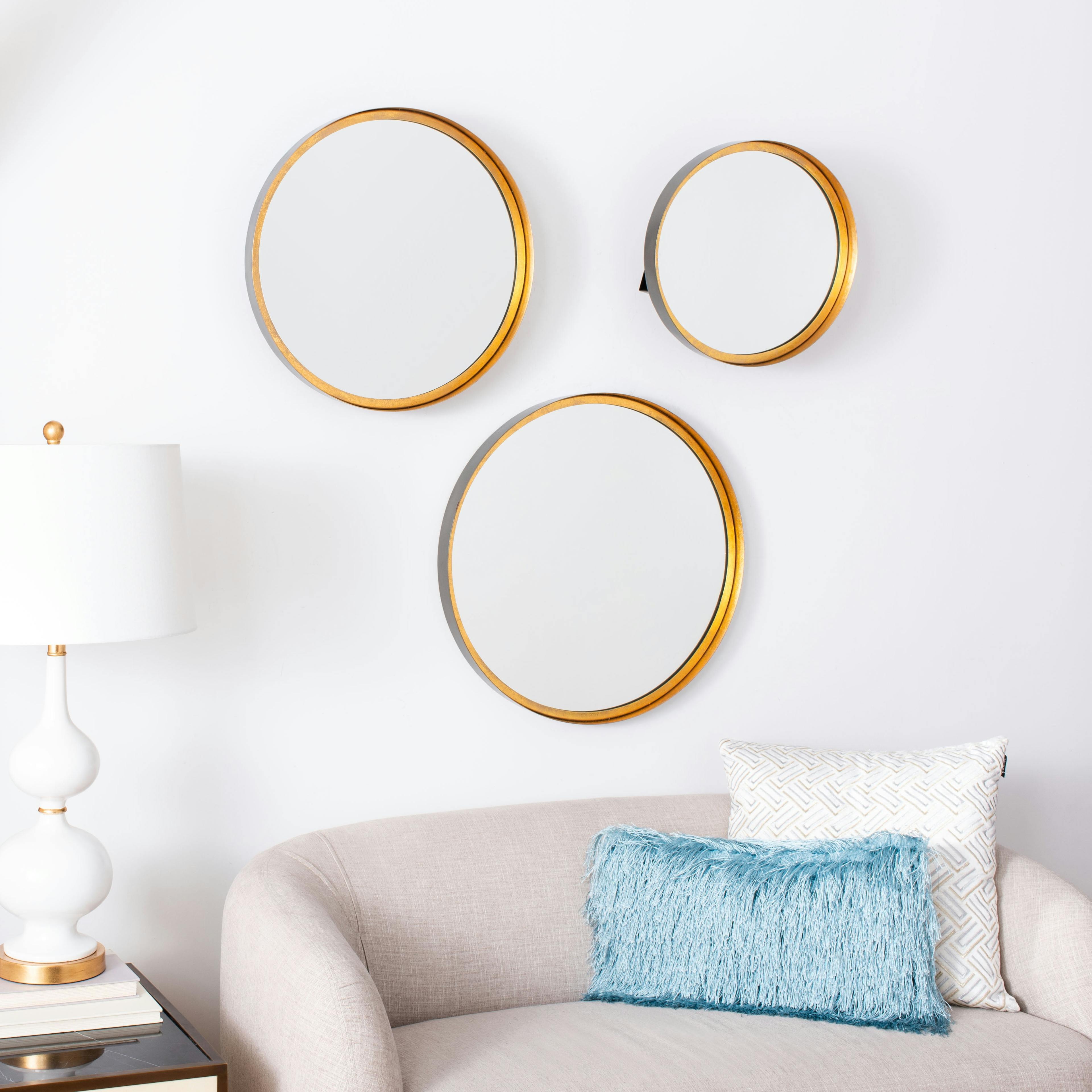 Mid-Century Mod Round Wood Mirror with Gold Foil Accents, Set of 3