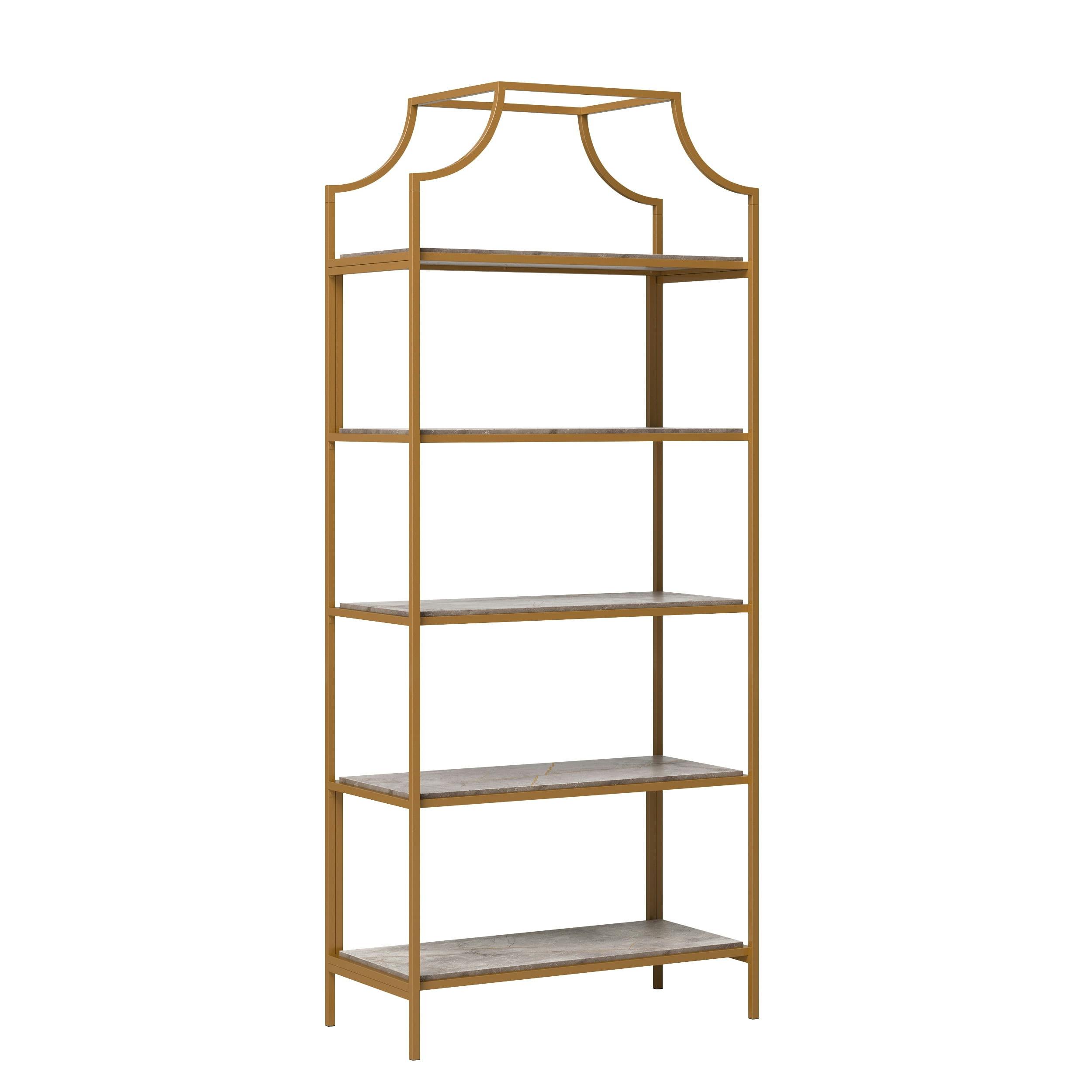 Deco Stone Luxe Modern 5-Shelf Bookcase with Satin Gold Metal Frame