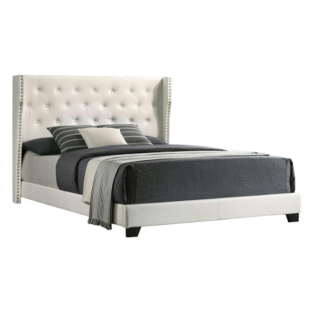 Chic Full-Size White Faux Leather Panel Bed with Tufted Headboard & Nailhead Trim