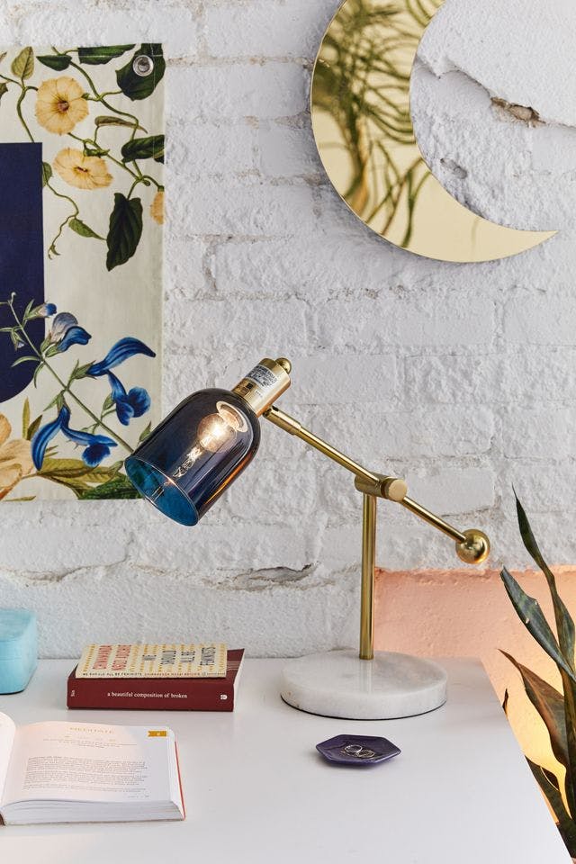 Marcel Adjustable White, Gold, and Blue Glass Table Lamp