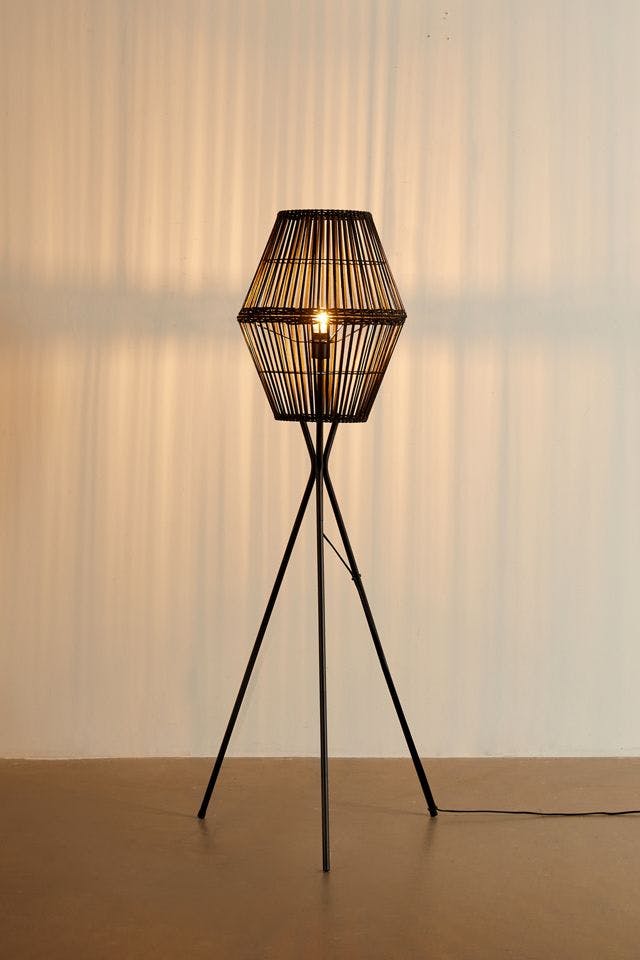 Modern Black Bamboo & Steel Tri-Legged Floor Lamp