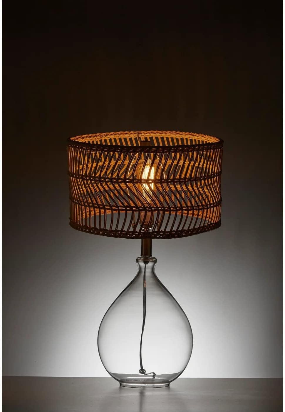 Teardrop Clear Glass and Brushed Steel Table Lamp with Rattan Shade