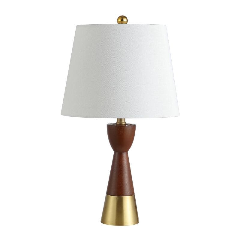 Elegant Geometric Brown and Brass Gold Table Lamp Set with White Linen Shade