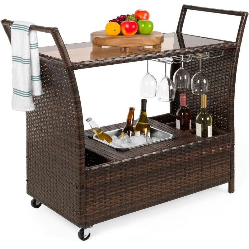 Elegant Outdoor Wicker Bar Cart with Tempered Glass Top and Ice Bucket - Brown