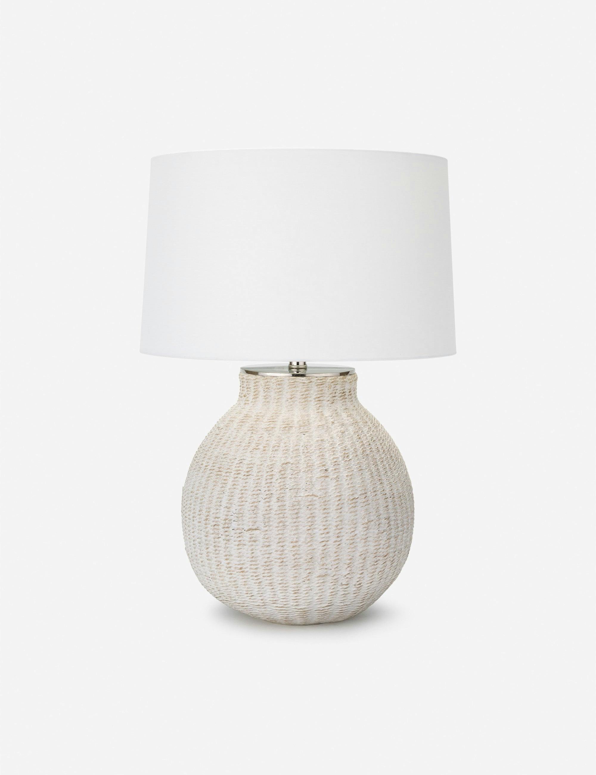 Hobi Matte White Linen-Shade Table Lamp with Polished Nickel Accents