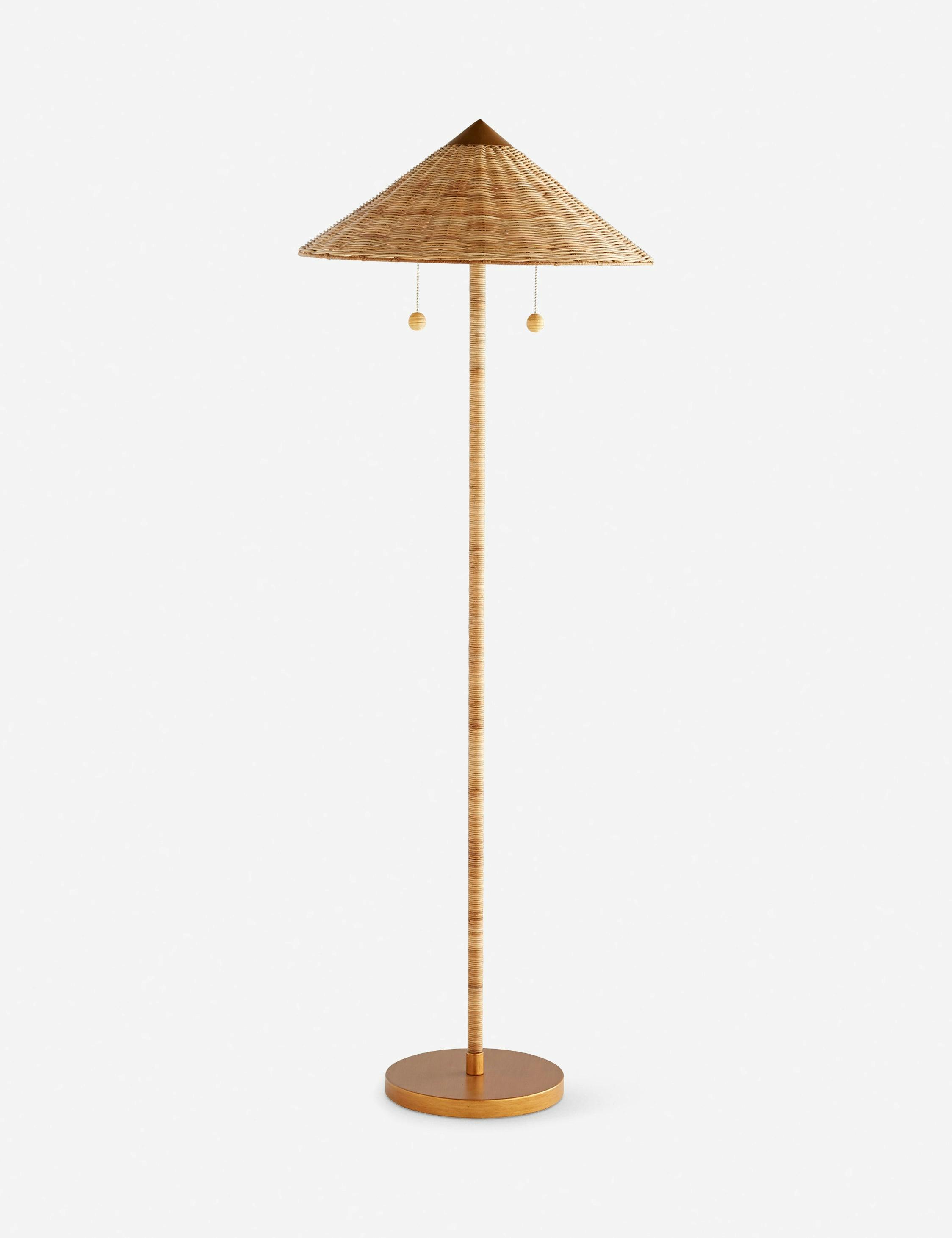 Elegant Rattan and Brass Double Pull Chain Floor Lamp