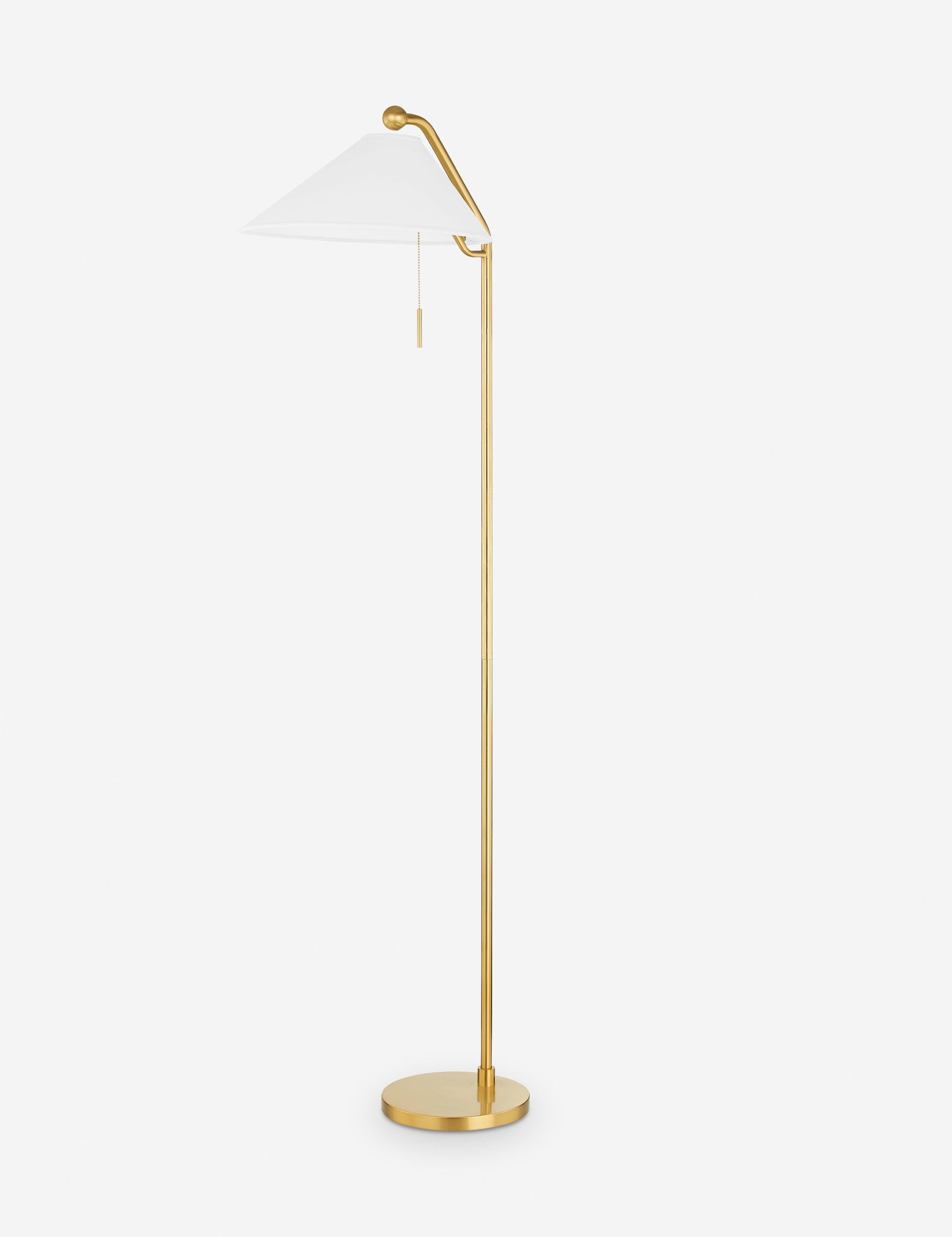 Aged Brass Elegance Adjustable Floor Lamp with White Belgian Linen Shade