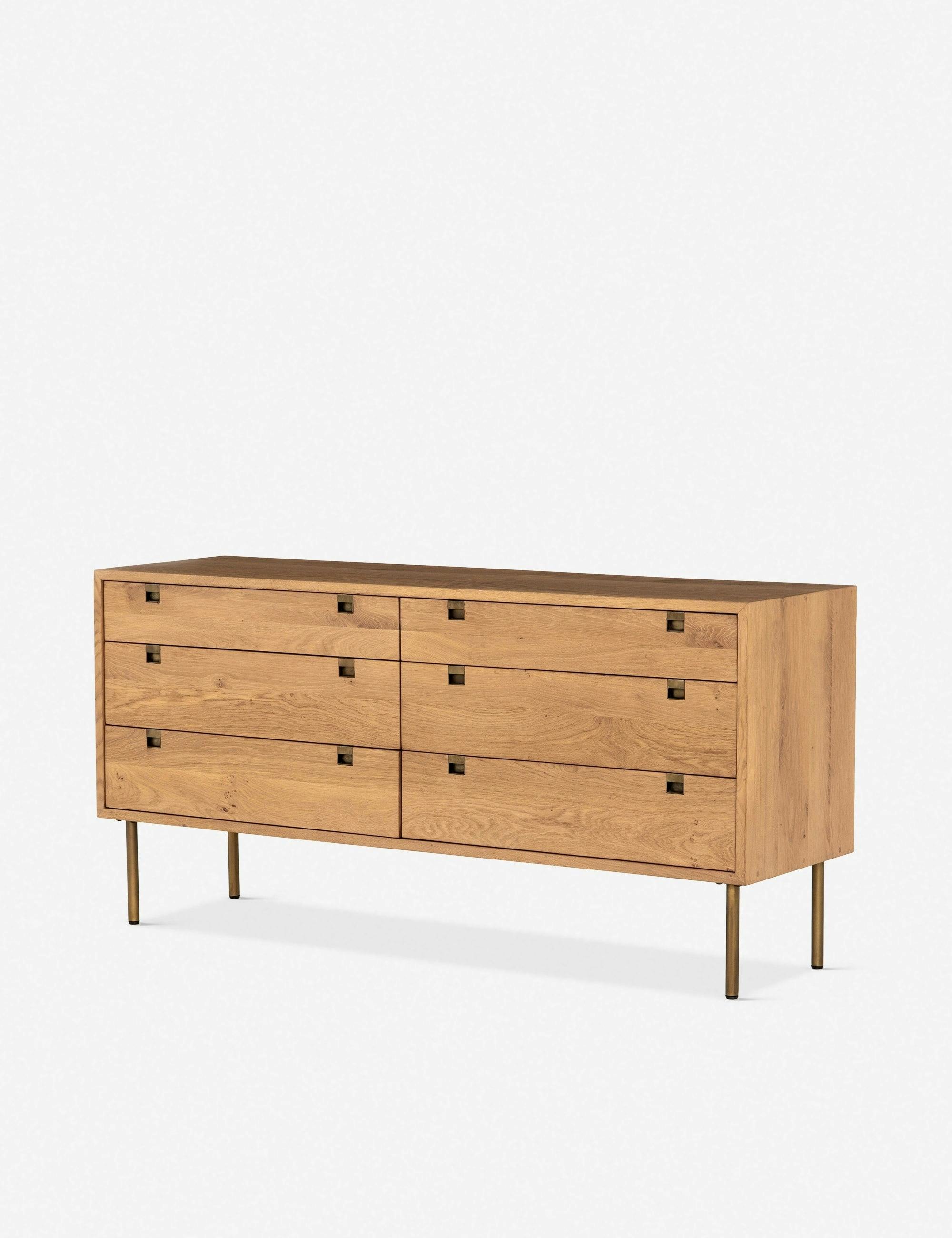Contemporary Karma 6-Drawer Brown Oak Dresser with Brass Legs