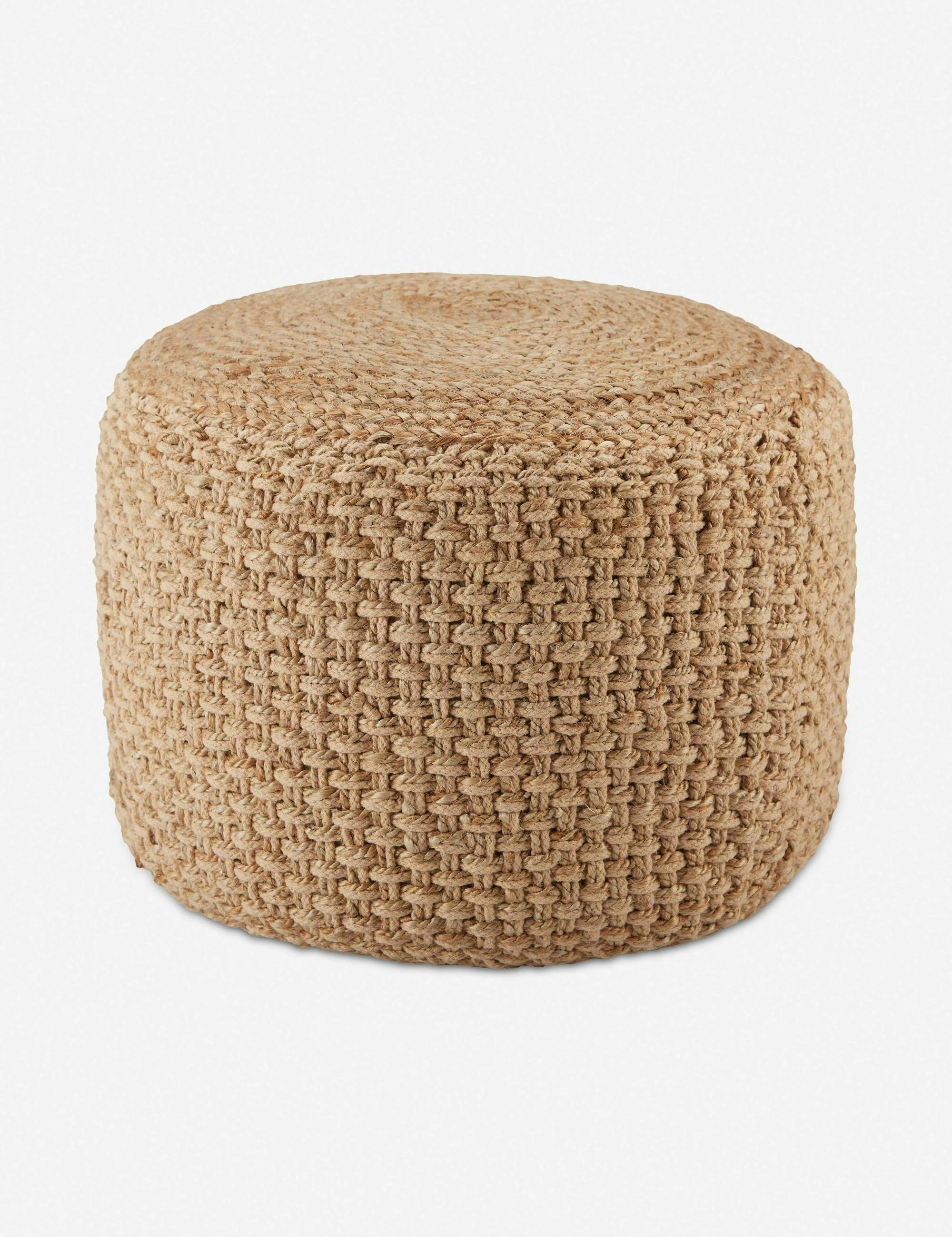 Handwoven Jute and Cotton Round Pouf in Beige and Gray