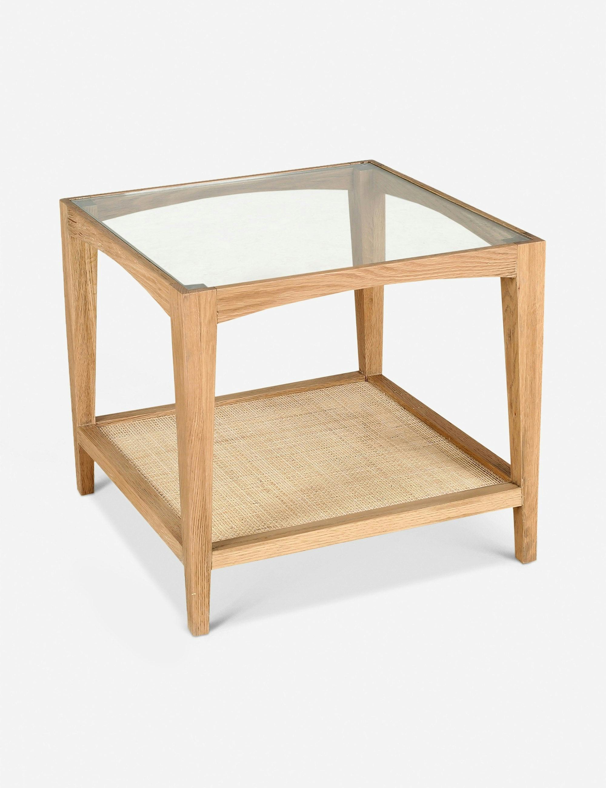 Natural Oak and Tempered Glass Side Table with Cane Shelf