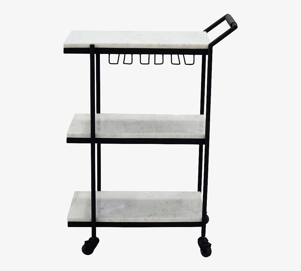 Textured Black Iron Bar Cart with Marble Shelves and Stemware Rack