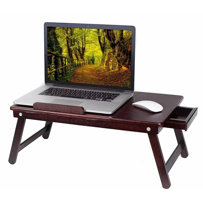 Adjustable Walnut Bamboo Laptop Bed Tray with Storage Drawer